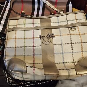 Coach Plaid Shoulder Bag - Gold and Cream
